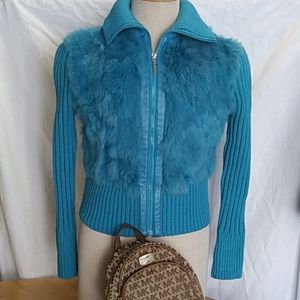 Leather knitted fur zip up jacket